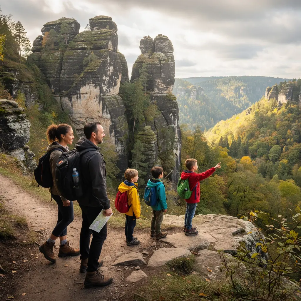 Rodina na pikniku v malebném údolí obklopeném přírodou.
